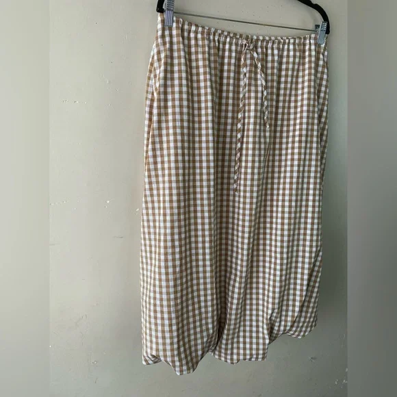 Emerson Lang Tan Gingham Bubble Midi Skirt Size M Tan White Plaid Lined - Picture 6 of 11